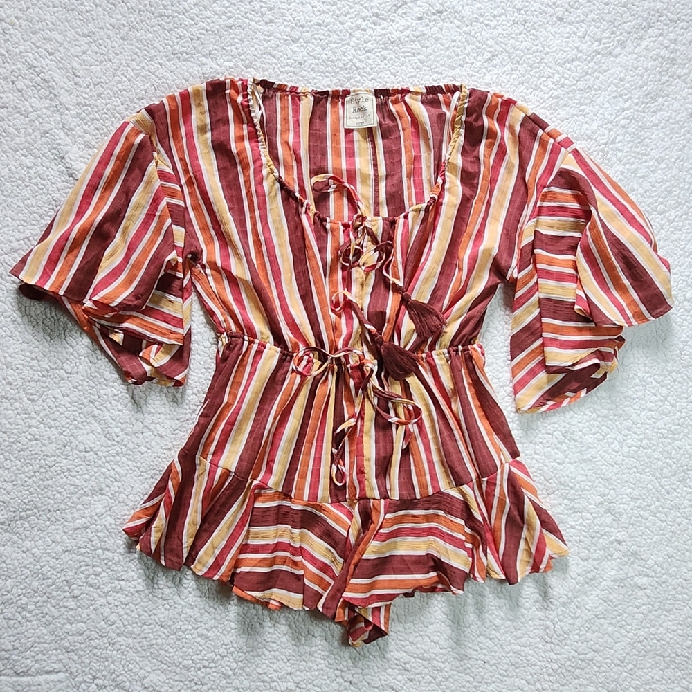 Romper - Burgundy, Red, Orange, Yellow Stripes from Style Rack - Size Large